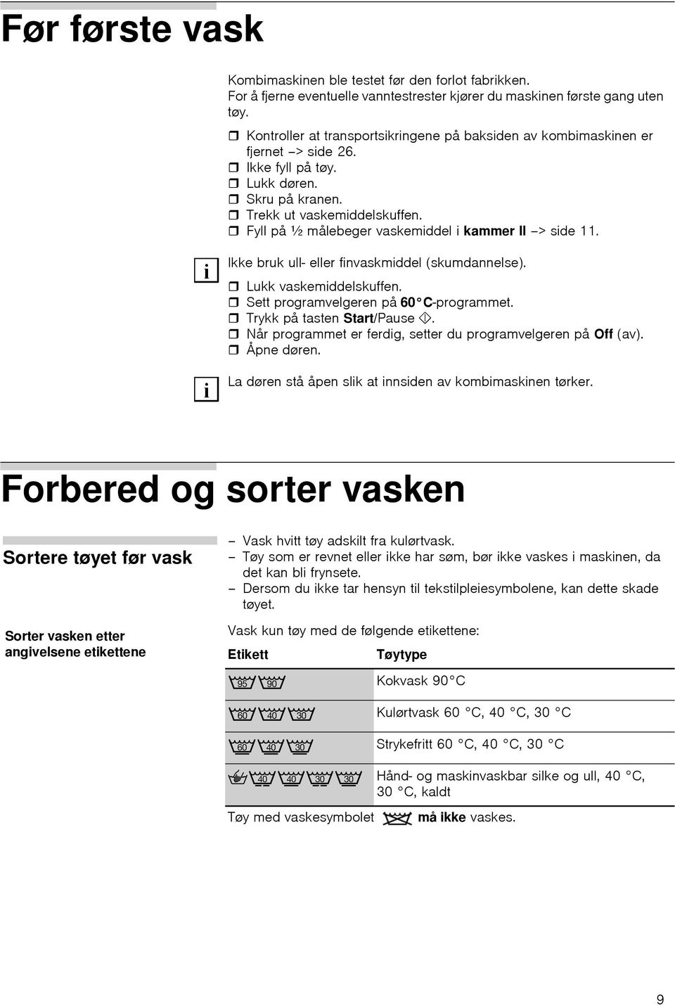 Fyll på ½ målebeger vaskemiddel i kammer II > side 11. i i Ikke bruk ull- eller finvaskmiddel (skumdannelse). Lukk vaskemiddelskuffen. Sett programvelgeren på 60 C-programmet.