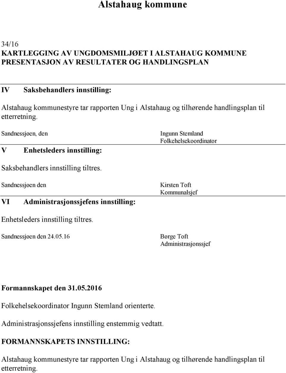 Sandnessjøen den VI Administrasjonssjefens innstilling: Kirsten Toft Kommunalsjef Enhetsleders innstilling tiltres. Sandnessjøen den 24.05.