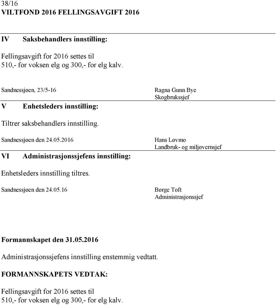 2016 VI Administrasjonssjefens innstilling: Hans Løvmo Landbruk- og miljøvernsjef Enhetsleders innstilling tiltres. Sandnessjøen den 24.05.