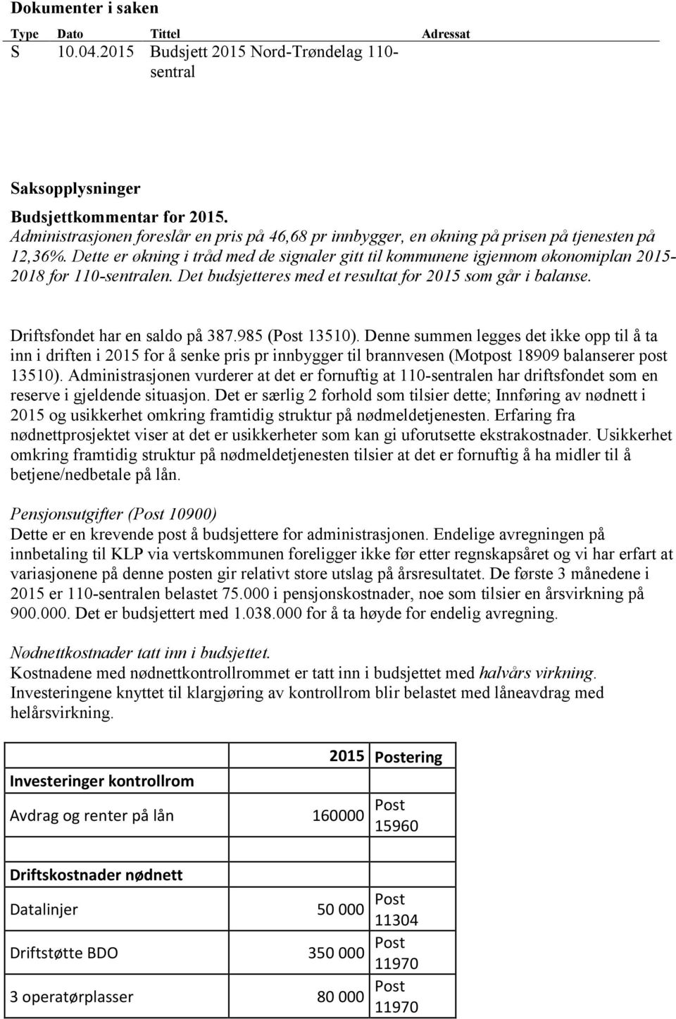 Dette er økning i tråd med de signaler gitt til kommunene igjennom økonomiplan 2015-2018 for 110-sentralen. Det budsjetteres med et resultat for 2015 som går i balanse.