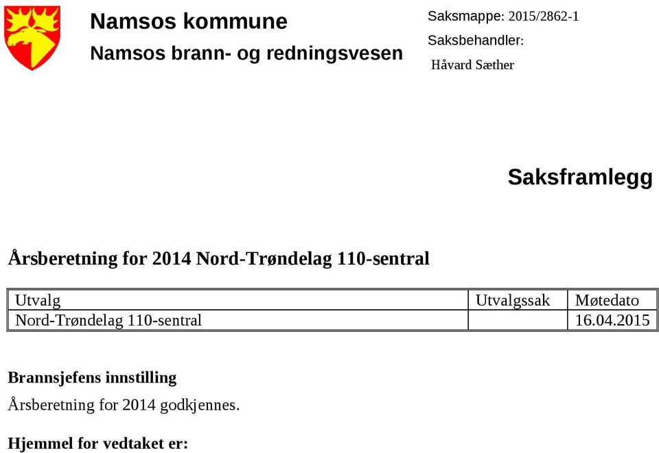 Nord-Trøndelag 110-sentral Utvalg Utvalgssak Møtedato Nord-Trøndelag