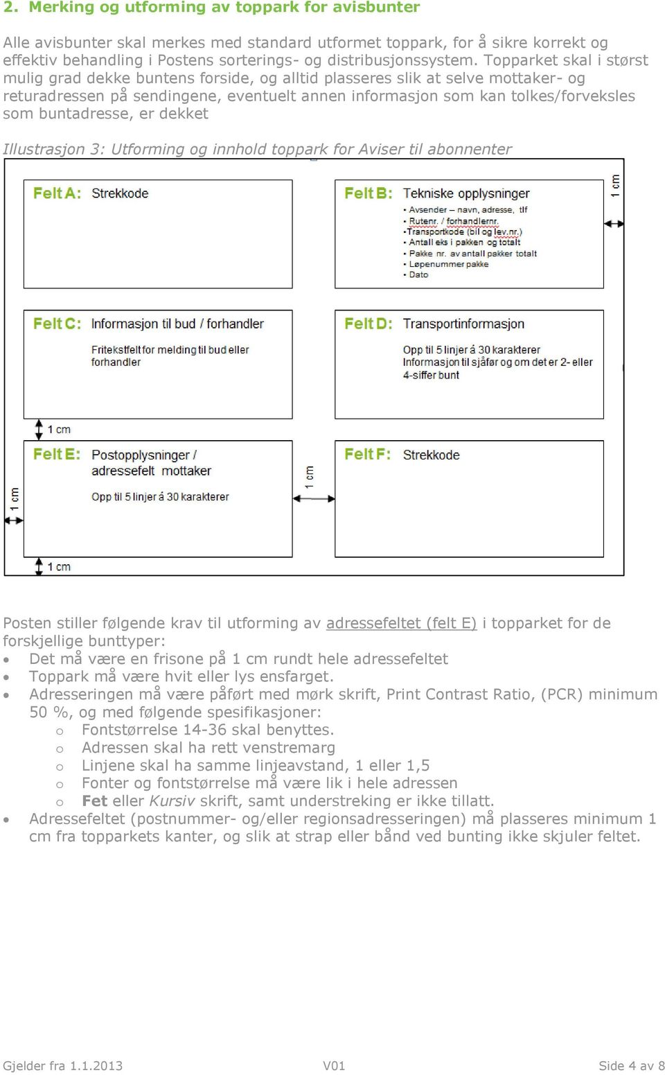 buntadresse, er dekket Illustrasjon 3: Utforming og innhold toppark for Aviser til abonnenter Posten stiller følgende krav til utforming av adressefeltet (felt E) i topparket for de forskjellige