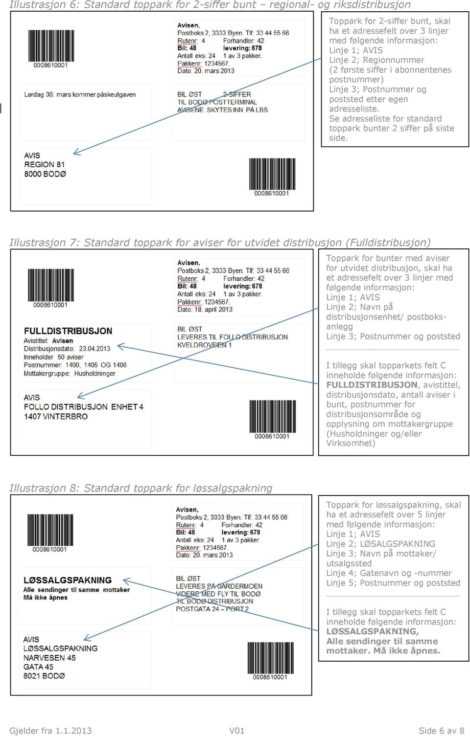 Illustrasjon 7: Standard toppark for aviser for utvidet distribusjon (Fulldistribusjon) Toppark for bunter med aviser for utvidet distribusjon, skal ha et adressefelt over 3 linjer med følgende