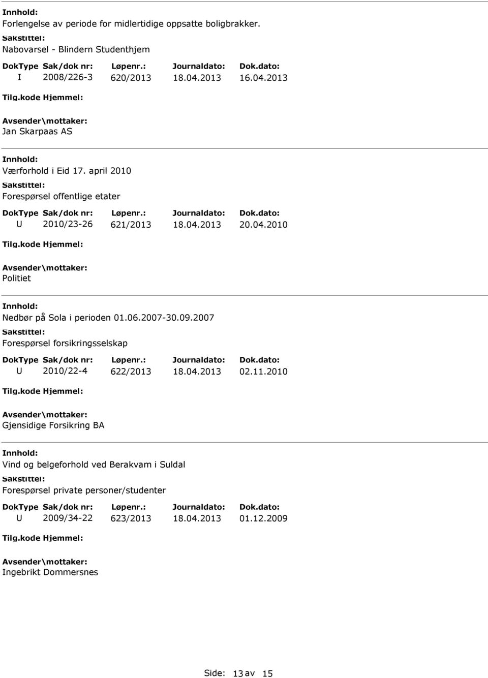 april 2010 Forespørsel offentlige etater 2010/23-26 621/2013 20.04.2010 Politiet Nedbør på Sola i perioden 01.06.2007-30.09.