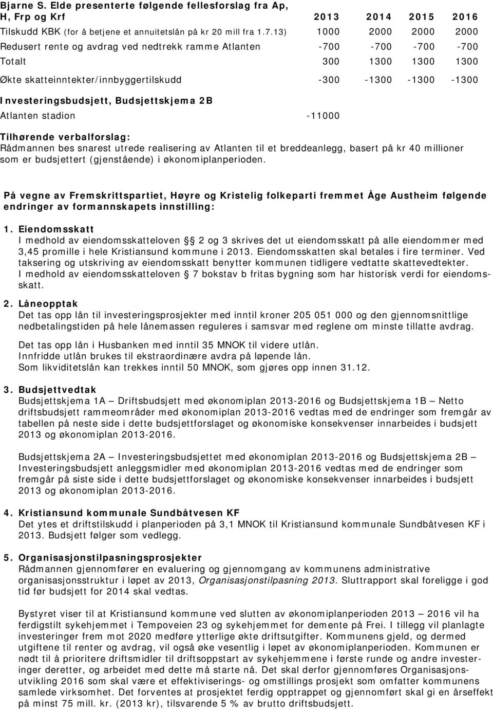 Investeringsbudsjett, Budsjettskjema 2B Atlanten stadion -11000 Tilhørende verbalforslag: Rådmannen bes snarest utrede realisering av Atlanten til et breddeanlegg, basert på kr 40 millioner som er