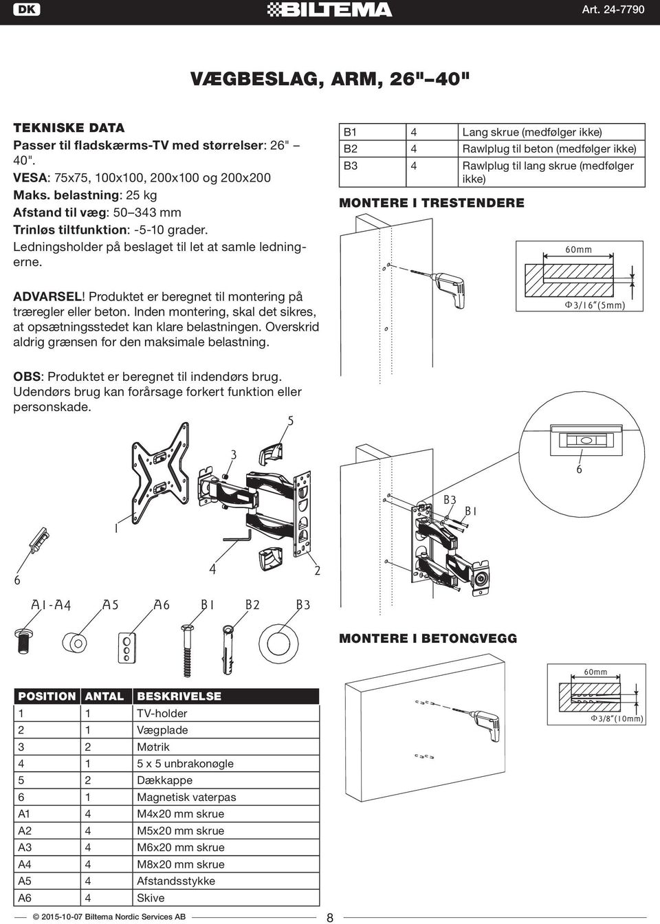 B1 4 Lang skrue (medfølger ikke) B2 4 Rawlplug til beton (medfølger ikke) B3 4 Rawlplug til lang skrue (medfølger ikke) Montere i trestendere ADVARSEL!