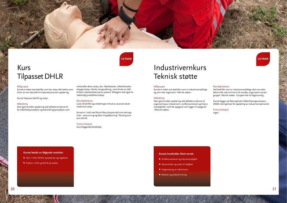 Hjertestarter, sikkerhetsseler, oksygenutstyr, Hjerte-/lungeredning, samt bruke en defibrillator (Hjertestarter) på en pasient. Deltagere skal også ha nødvendig produktkunnskap.