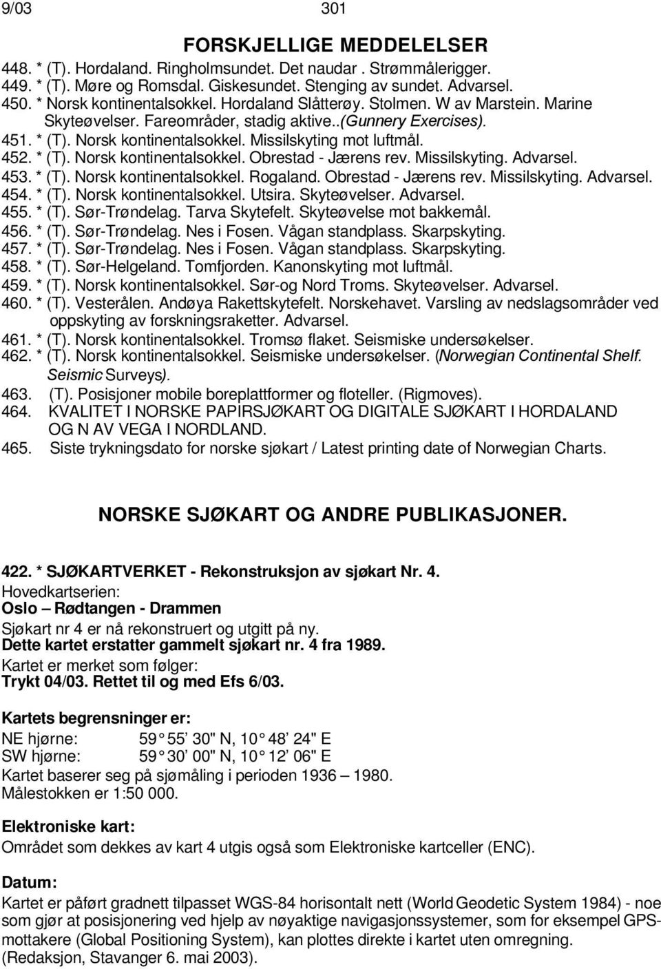 452. * (T). Norsk kontinentalsokkel. Obrestad - Jærens rev. Missilskyting. Advarsel. 453. * (T). Norsk kontinentalsokkel. Rogaland. Obrestad - Jærens rev. Missilskyting. Advarsel. 454. * (T). Norsk kontinentalsokkel. Utsira.