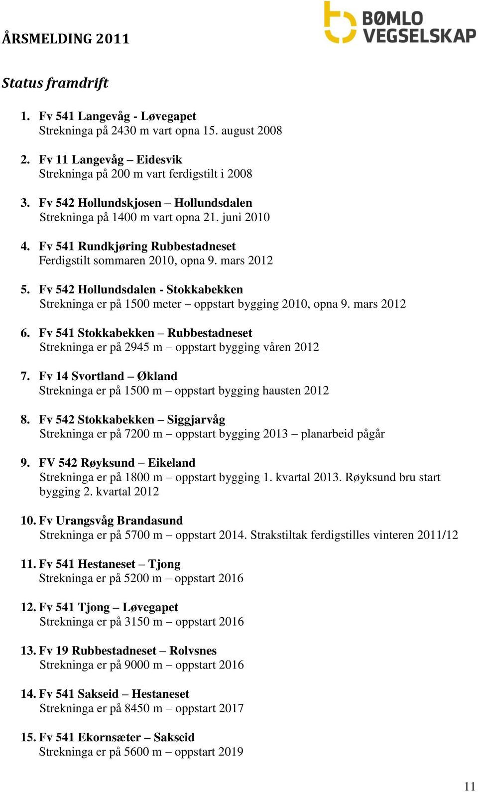 Fv 542 Hollundsdalen - Stokkabekken Strekninga er på 1500 meter oppstart bygging 2010, opna 9. mars 2012 6. Fv 541 Stokkabekken Rubbestadneset Strekninga er på 2945 m oppstart bygging våren 2012 7.