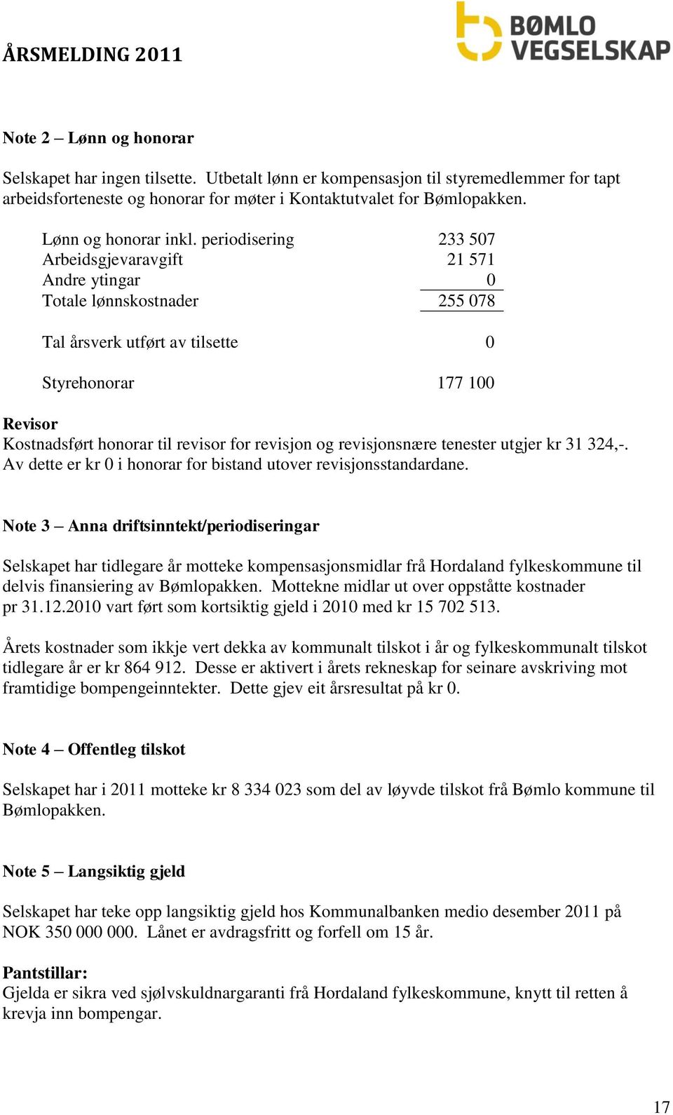 periodisering 233 507 Arbeidsgjevaravgift 21 571 Andre ytingar 0 Totale lønnskostnader 255 078 Tal årsverk utført av tilsette 0 Styrehonorar 177 100 Revisor Kostnadsført honorar til revisor for