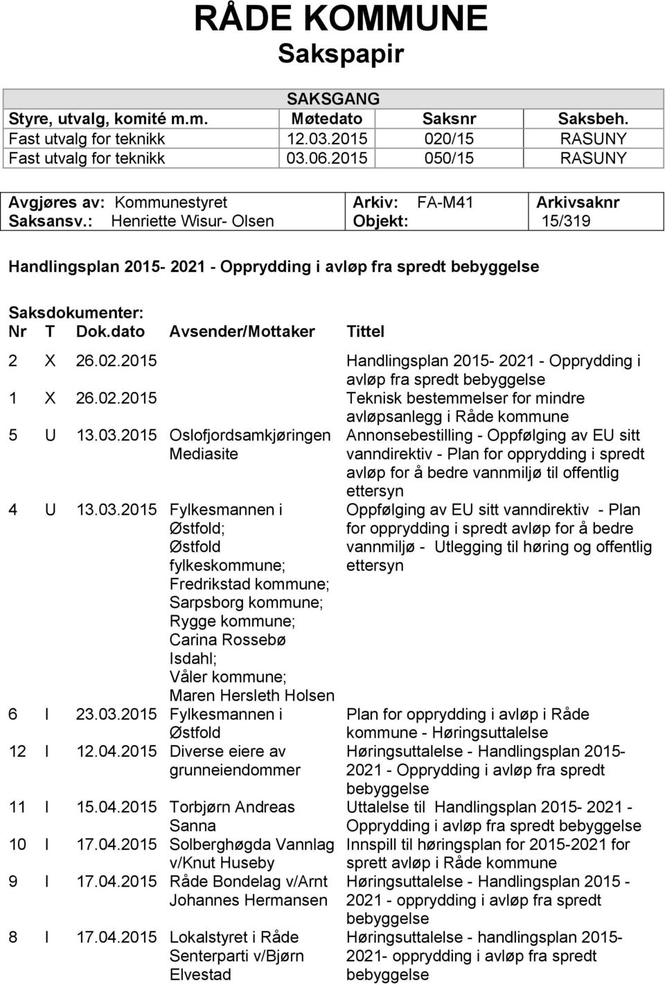 : Henriette Wisur- Olsen Arkiv: Objekt: FA-M41 Arkivsaknr 15/319 Handlingsplan 2015-2021 - Opprydding i avløp fra spredt bebyggelse Saksdokumenter: Nr T Dok.dato Avsender/Mottaker Tittel 2 X 26.02.2015 Handlingsplan 2015-2021 - Opprydding i avløp fra spredt bebyggelse 1 X 26.