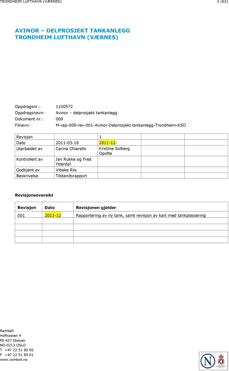 : 9 Filnavn: M-rap-9-rev-1-Avinor-Delprosjekt tankanlegg-trondheim-kso Revisjon 1 Dato 211-3-18 211-12- Utarbeidet av Carina Chiarello Kristine Solberg