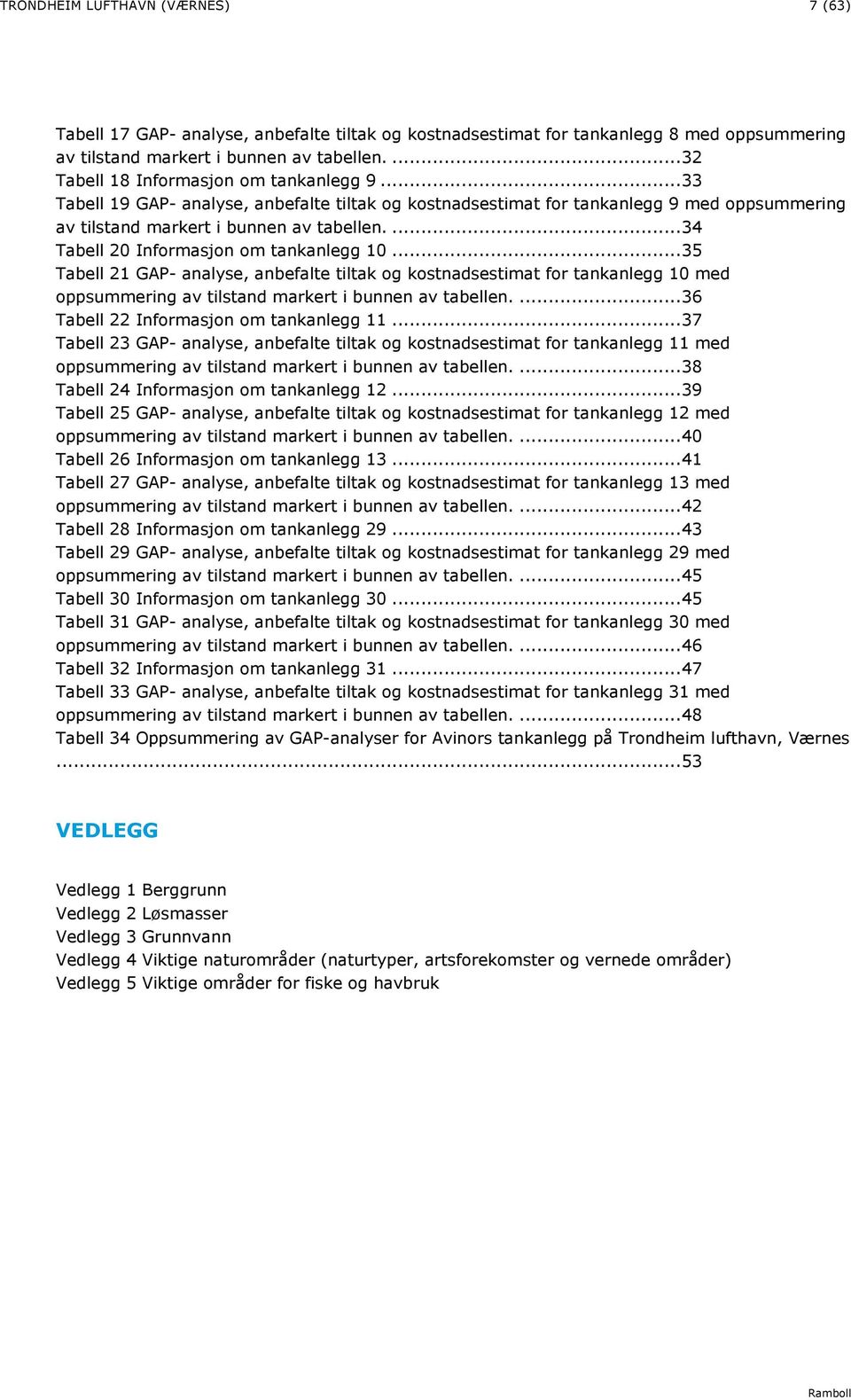 ... 34 Tabell 2 Informasjon om tankanlegg 1... 35 Tabell 21 GAP- analyse, anbefalte tiltak og kostnadsestimat for tankanlegg 1 med oppsummering av tilstand markert i bunnen av tabellen.