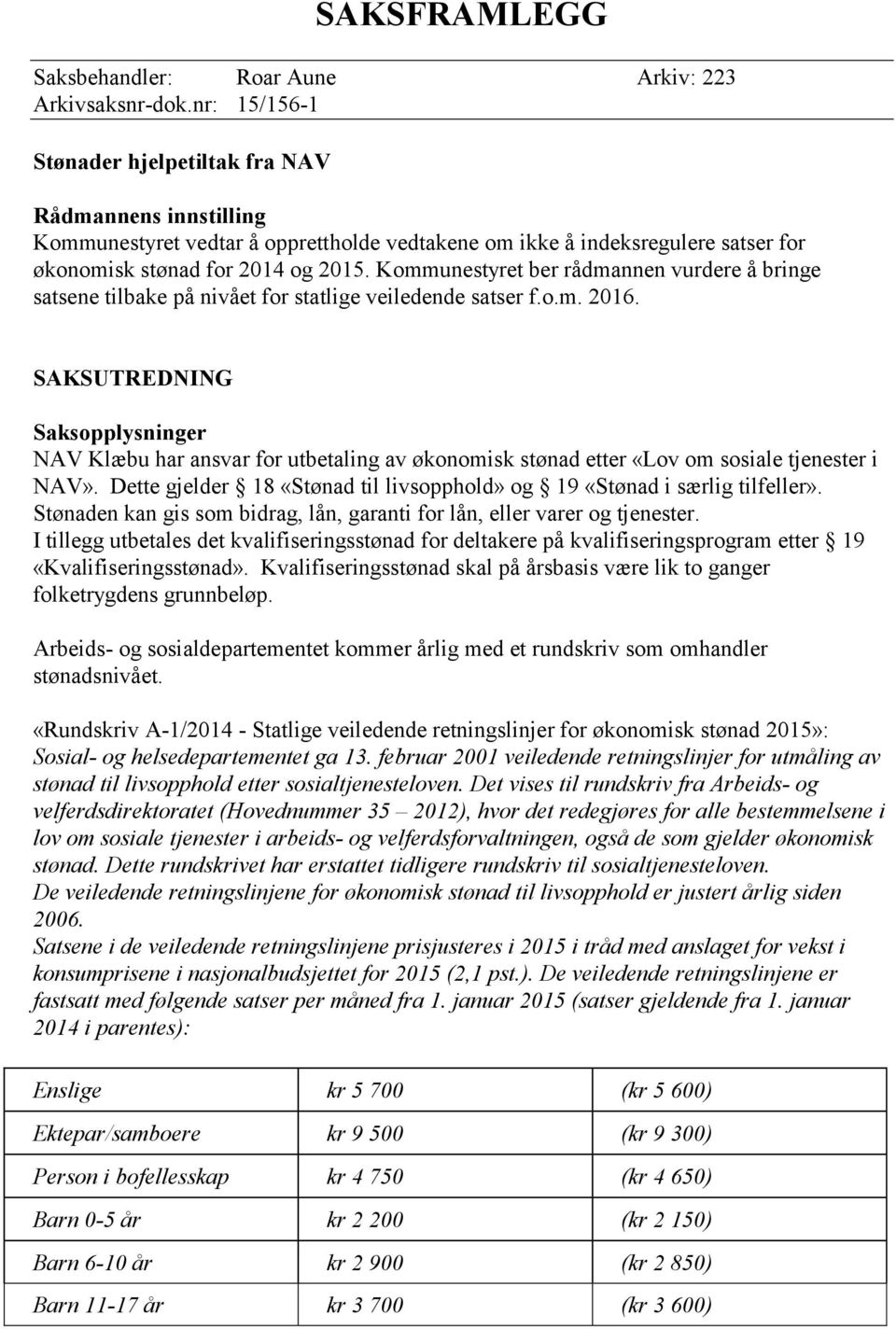 Kommunestyret ber rådmannen vurdere å bringe satsene tilbake på nivået for statlige veiledende satser f.o.m. 2016.