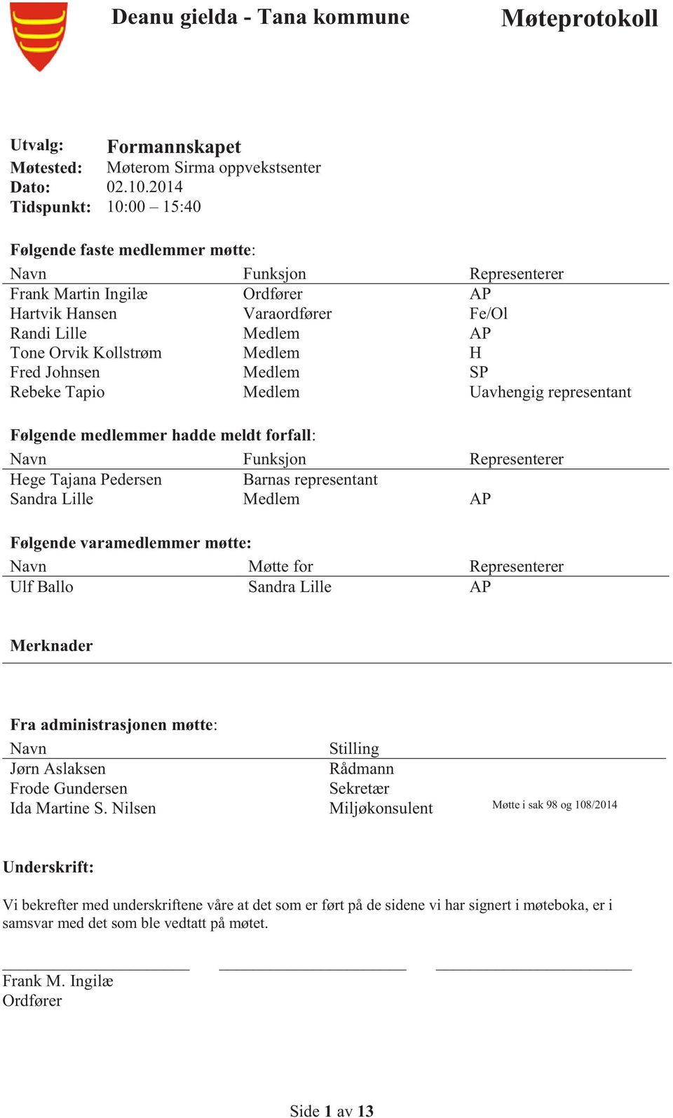 Medlem H Fred Johnsen Medlem SP Rebeke Tapio Medlem Uavhengig representant Følgende medlemmer hadde meldt forfall: Navn Funksjon Representerer Hege Tajana Pedersen Barnas representant Sandra Lille