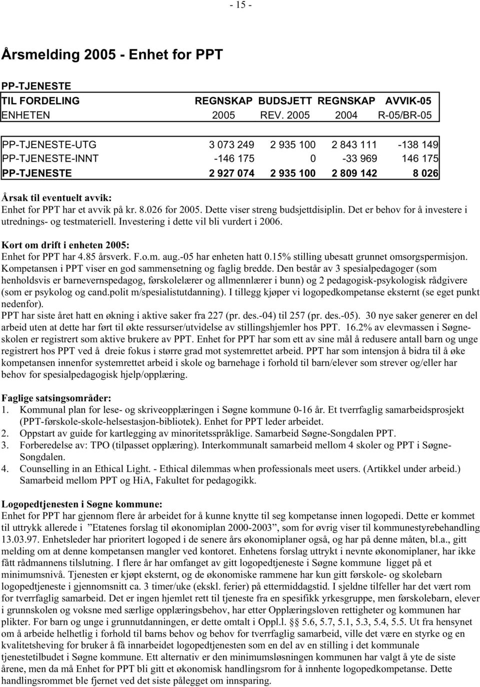 Det er behov for å investere i utrednings- og testmateriell. Investering i dette vil bli vurdert i 2006. Kort om drift i enheten 2005: Enhet for PPT har 4.85 årsverk. F.o.m. aug.