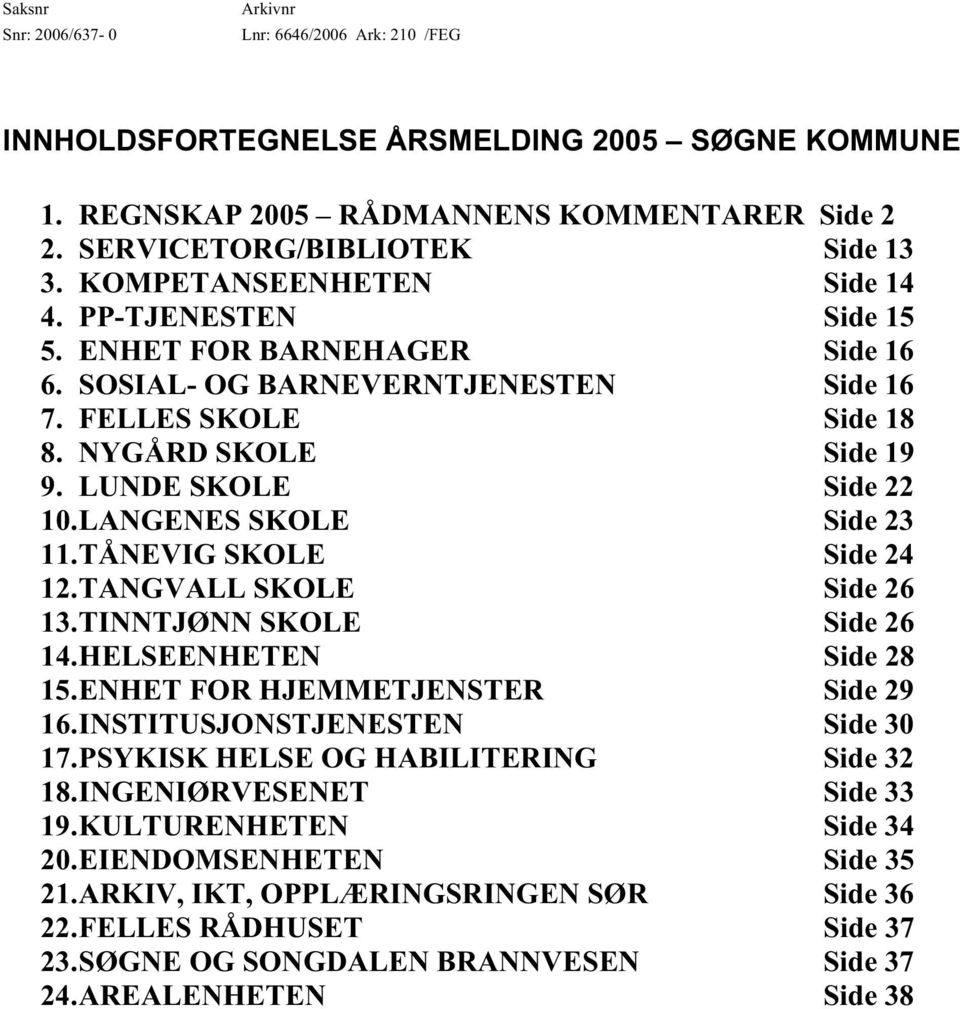 LANGENES SKOLE Side 23 11.TÅNEVIG SKOLE Side 24 12.TANGVALL SKOLE Side 26 13.TINNTJØNN SKOLE Side 26 14.HELSEENHETEN Side 28 15.ENHET FOR HJEMMETJENSTER Side 29 16.INSTITUSJONSTJENESTEN Side 30 17.