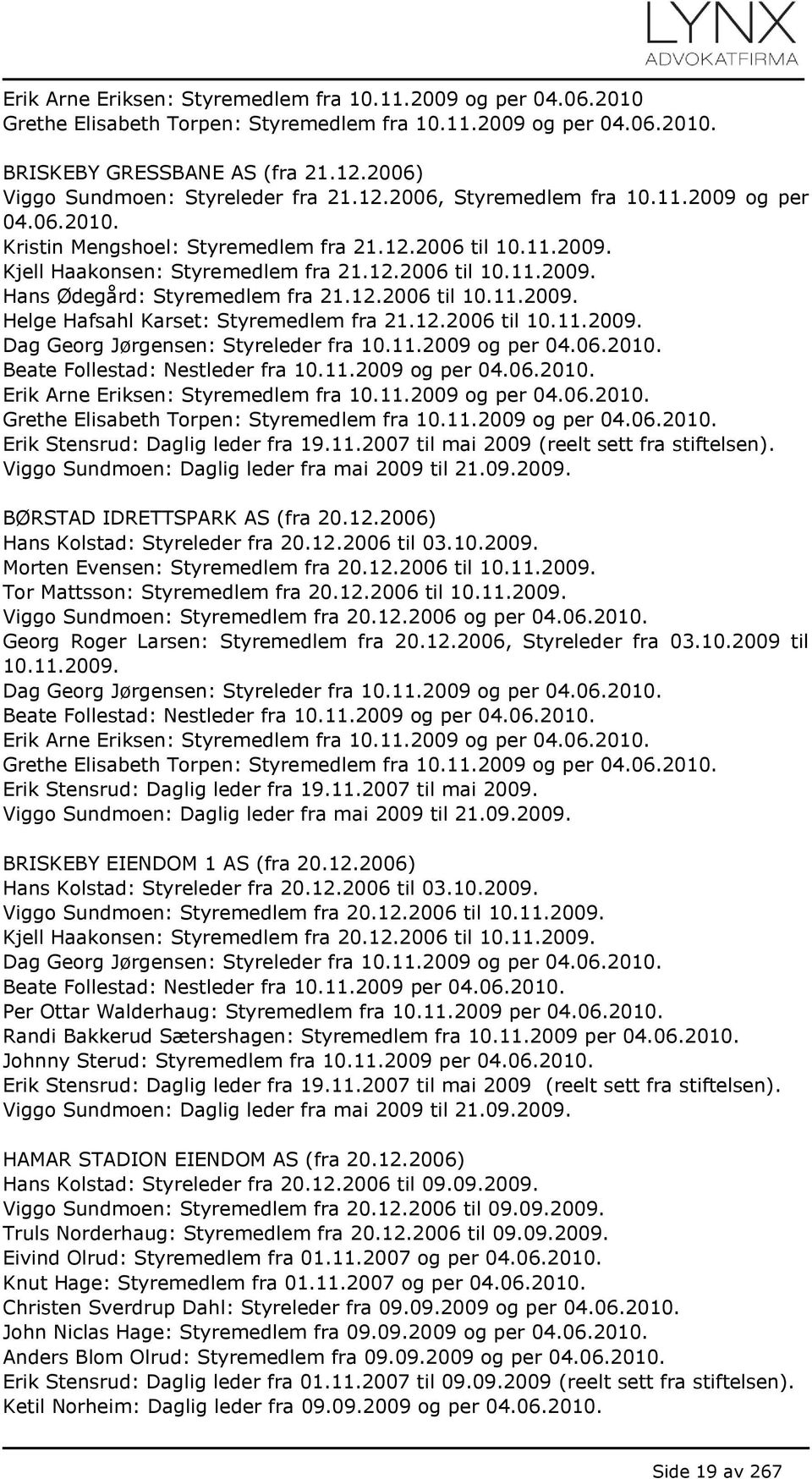 12.2006 til 10.11.2009. Helge Hafsahl Karset: Styremedlem fra 21.12.2006 til 10.11.2009. Dag Georg Jørgensen: Styreleder fra 10.11.2009 og per 04.06.2010. Beate Follestad: Nestleder fra 10.11.2009 og per 04.06.2010. Erik Arne Eriksen: Styremedlem fra 10.