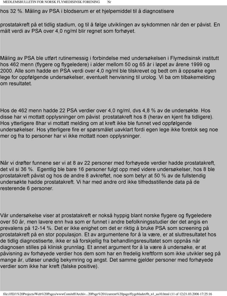 Måling av PSA ble utført rutinemessig i forbindelse med undersøkelsen i Flymedisinsk institutt hos 462 menn (flygere og flygeledere) i alder mellom 50 og 65 år i løpet av årene 1999 og 2000.