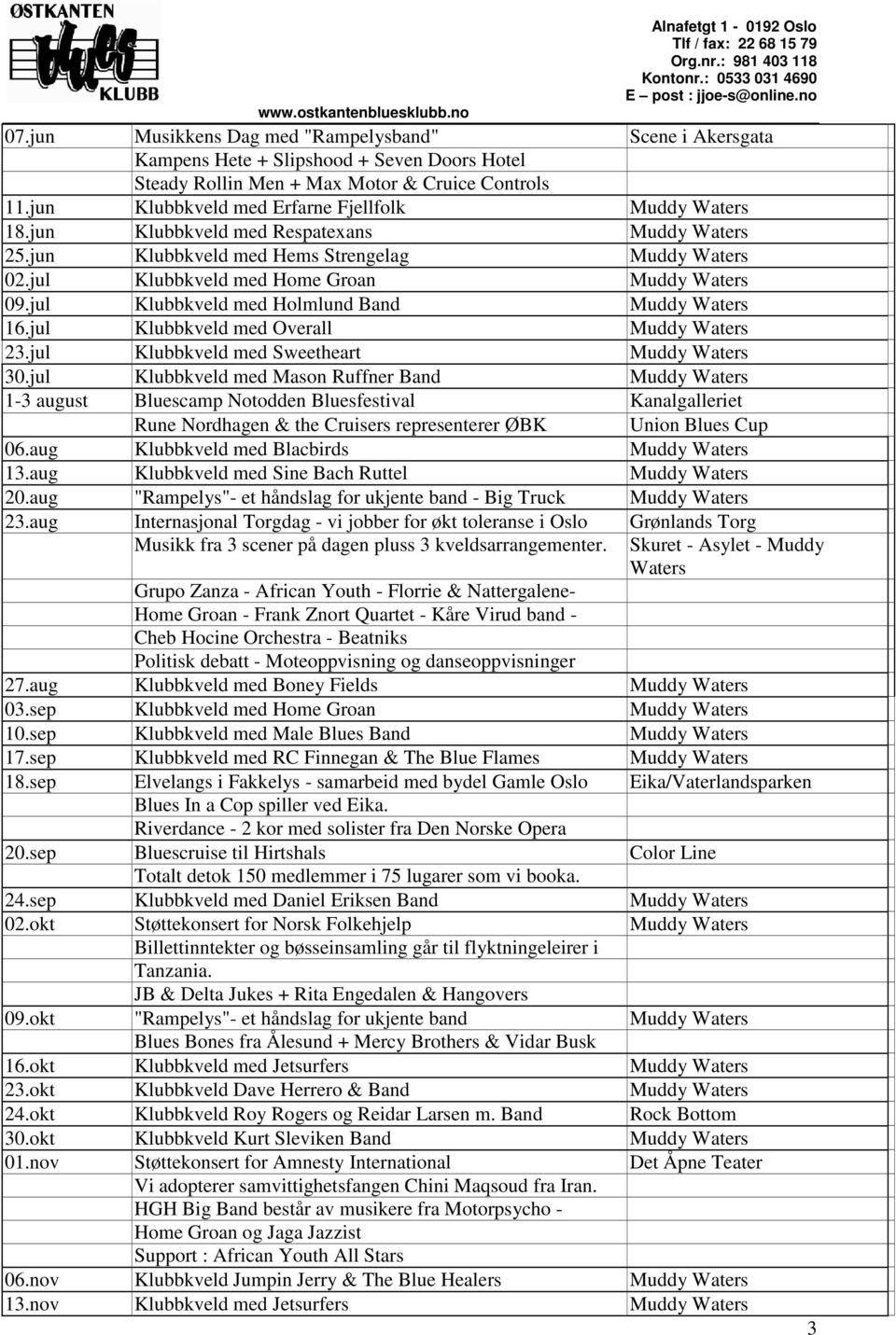 jul Klubbkveld med Holmlund Band Muddy Waters 16.jul Klubbkveld med Overall Muddy Waters 23.jul Klubbkveld med Sweetheart Muddy Waters 30.