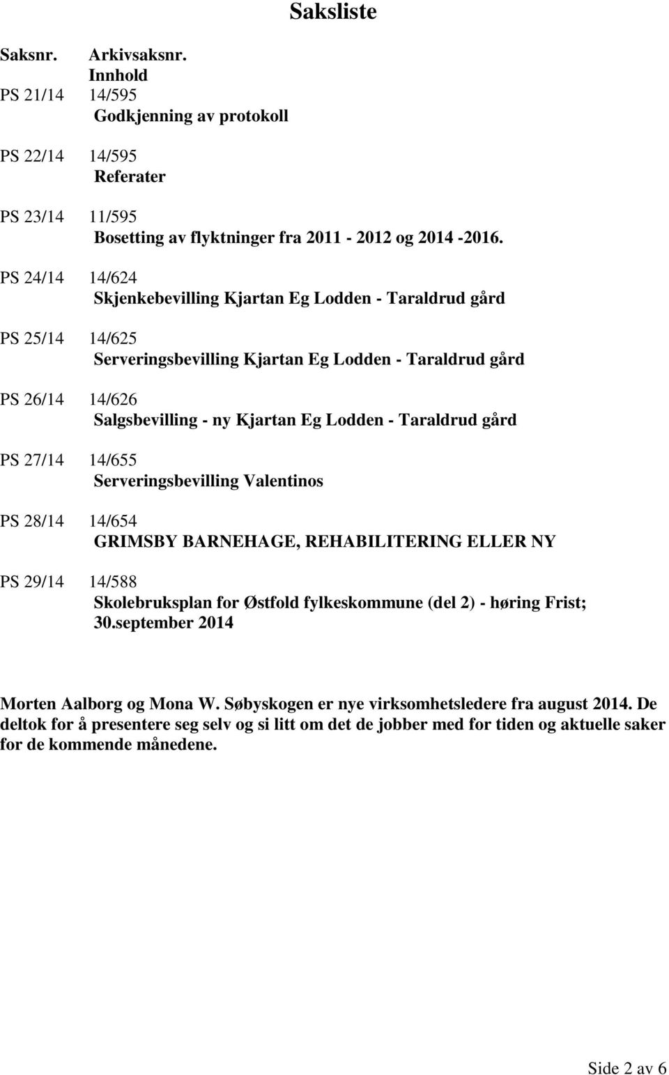 Taraldrud gård PS 27/14 14/655 Serveringsbevilling Valentinos PS 28/14 14/654 GRIMSBY BARNEHAGE, REHABILITERING ELLER NY PS 29/14 14/588 Skolebruksplan for Østfold fylkeskommune (del 2) - høring