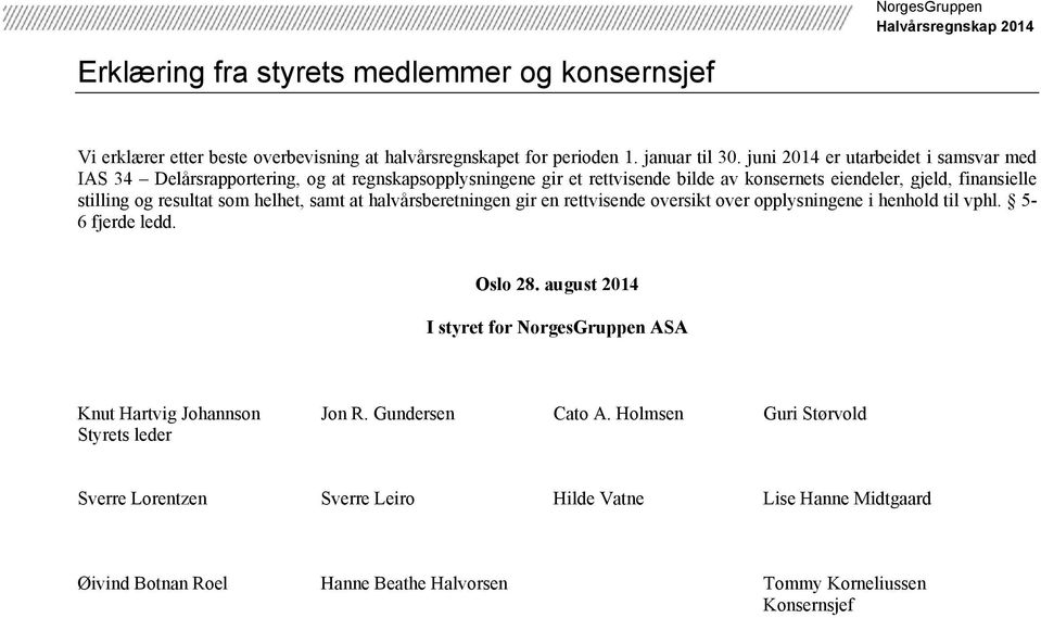 resultat som helhet, samt at halvårsberetningen gir en rettvisende oversikt over opplysningene i henhold til vphl. 5-6 fjerde ledd. Oslo 28.