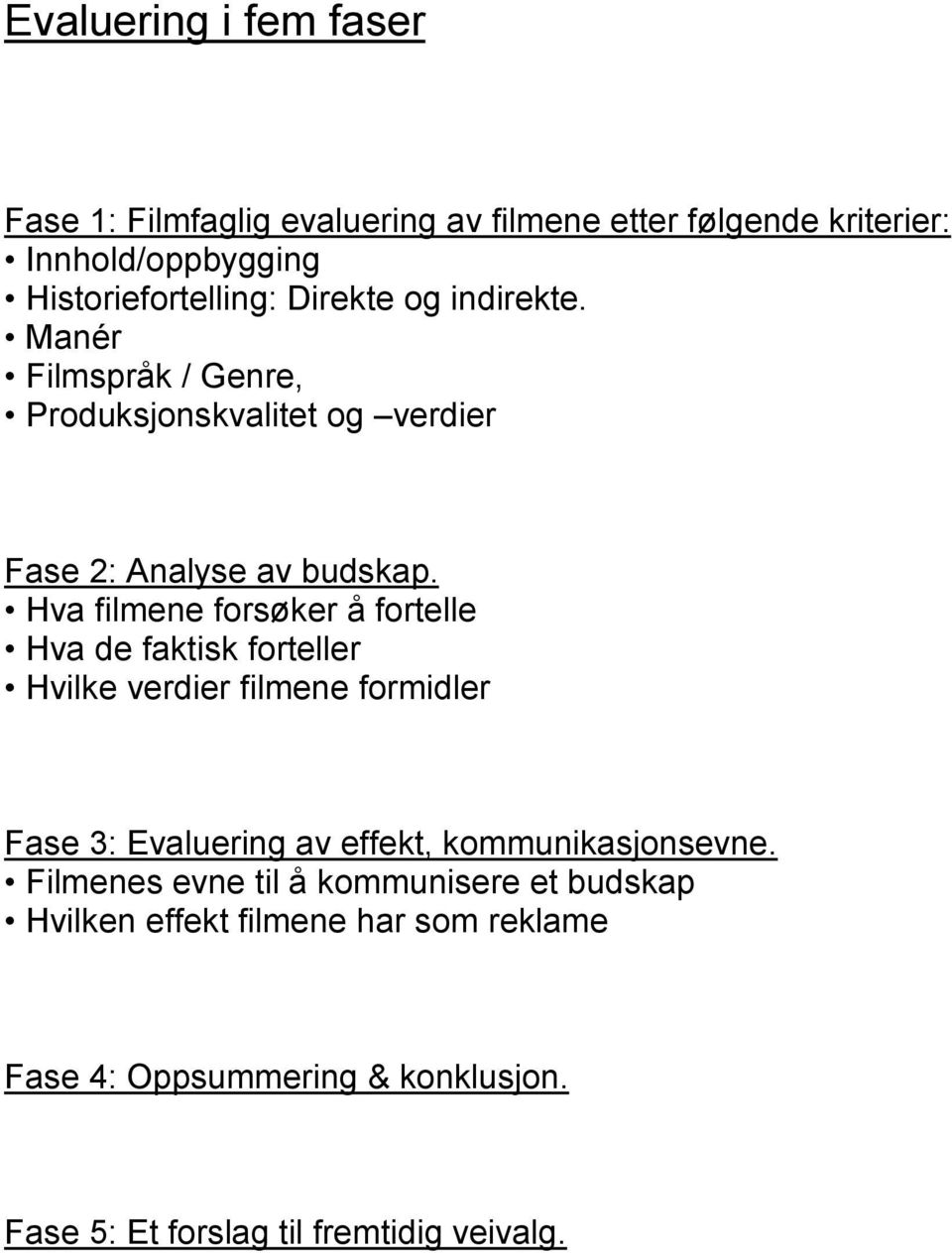 Hva filmene forsøker å fortelle Hva de faktisk forteller Hvilke verdier filmene formidler Fase 3: Evaluering av effekt,