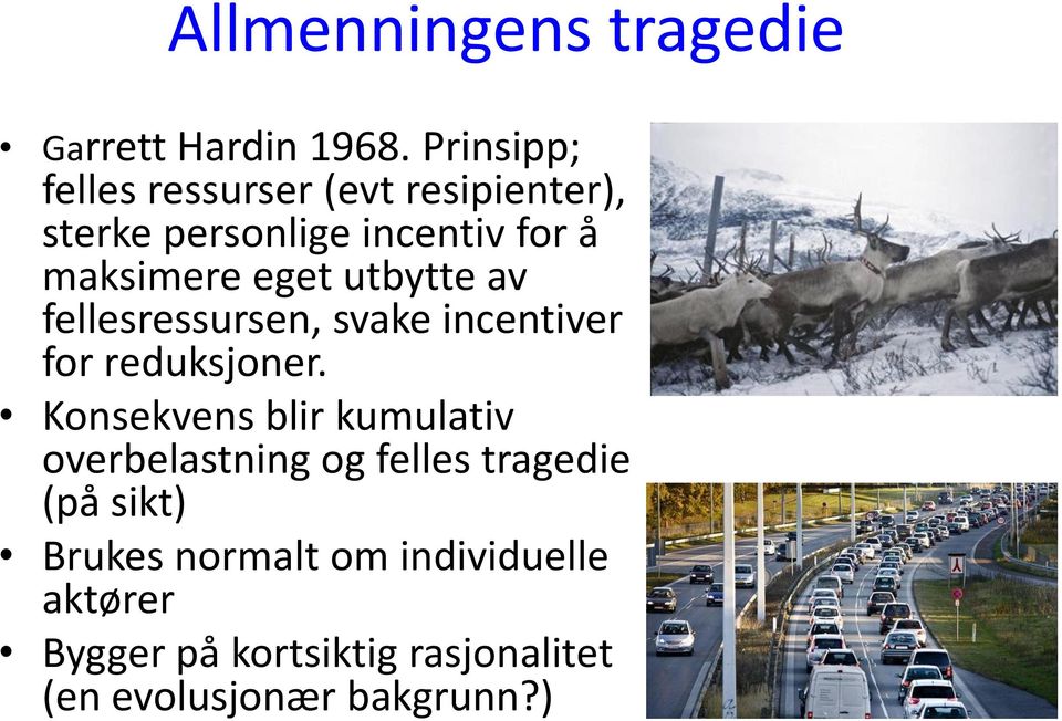 eget utbytte av fellesressursen, svake incentiver for reduksjoner.