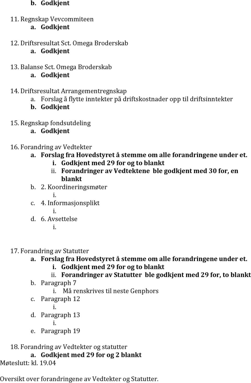 Forslag fra Hovedstyret å stemme om alle forandringene under et. Godkjent med 29 for og to blankt i Forandringer av Vedtektene ble godkjent med 30 for, en blankt b. 2. Koordineringsmøter c. 4.