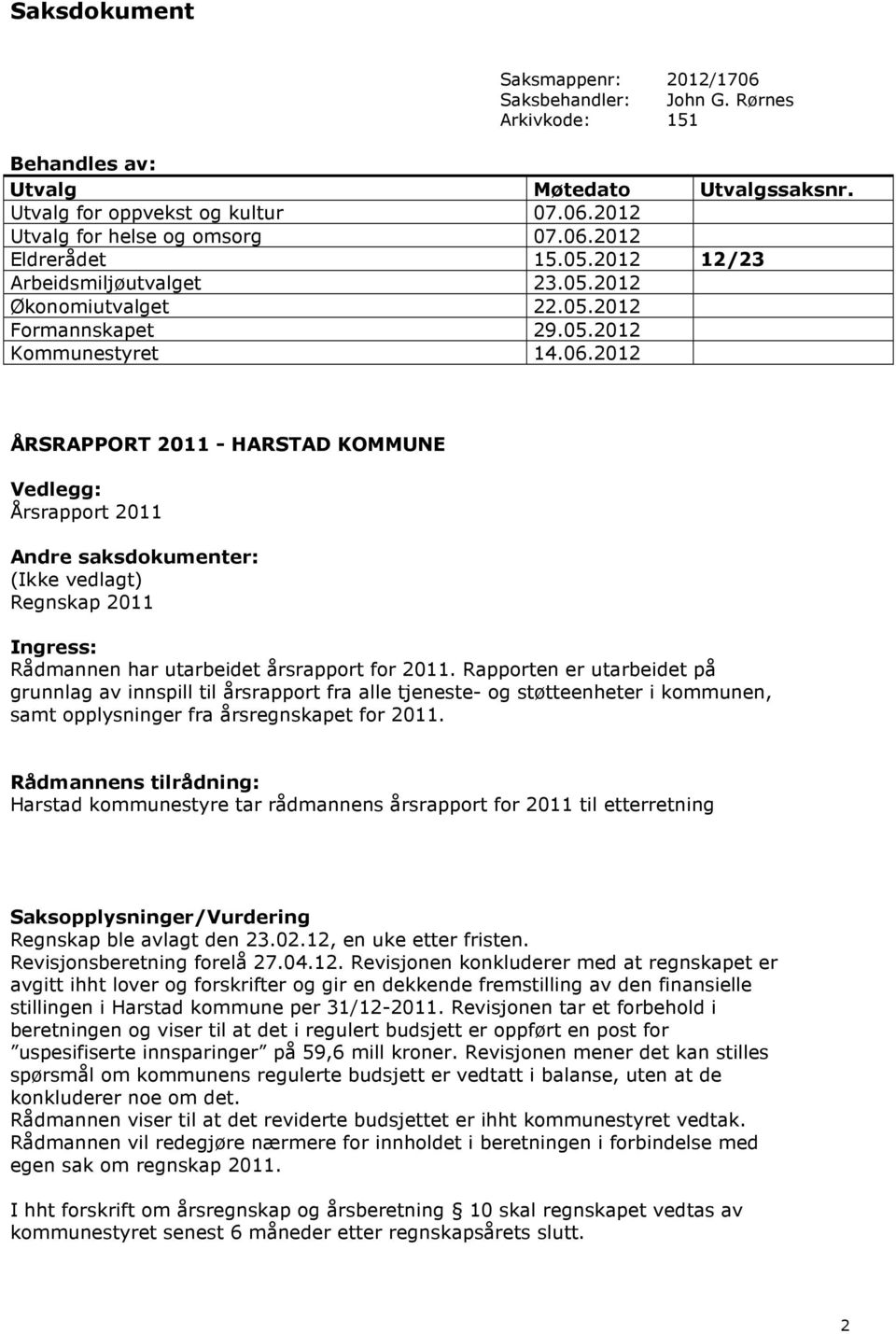 2012 ÅRSRAPPORT 2011 - HARSTAD KOMMUNE Vedlegg: Årsrapport 2011 Andre saksdokumenter: (Ikke vedlagt) Regnskap 2011 Ingress: Rådmannen har utarbeidet årsrapport for 2011.