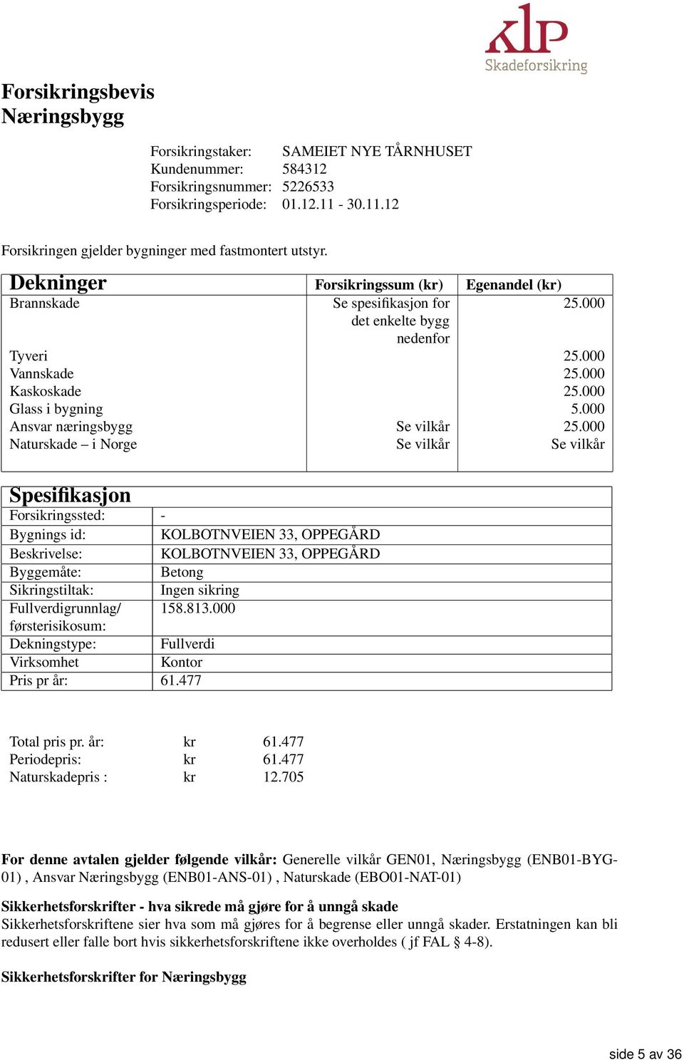 000 Vannskade 25.000 Kaskoskade 25.000 Glass i bygning 5.000 Ansvar næringsbygg Se vilkår 25.