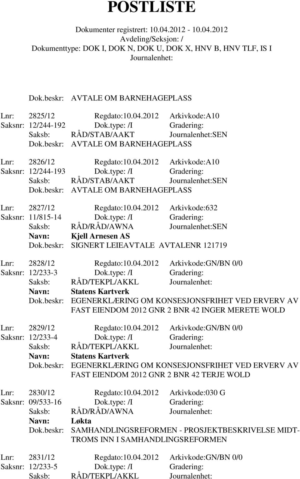 beskr: AVTALE OM BARNEHAGEPLASS Lnr: 2827/12 Regdato:10.04.2012 Arkivkode:632 Saksnr: 11/815-14 Dok.type: /I Gradering: Saksb: RÅD/RÅD/AWNA SEN Navn: Kjell Arnesen AS Dok.