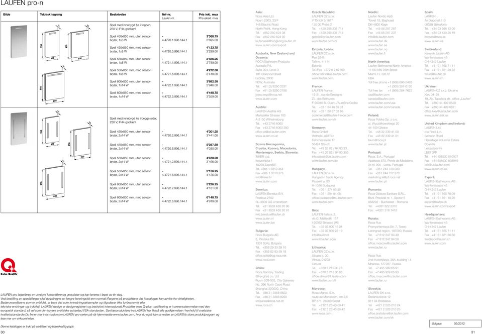 1x8 W Speil 550x850 mm, uten sensorbryter, 1x8 W Speil 550x850 mm, med sensorbryter, 1x8 W Speil 600x850 mm, uten sensorbryter, 1x14 W Speil 600x850 mm, med sensorbryter, 1x14 W Speil med innebygd