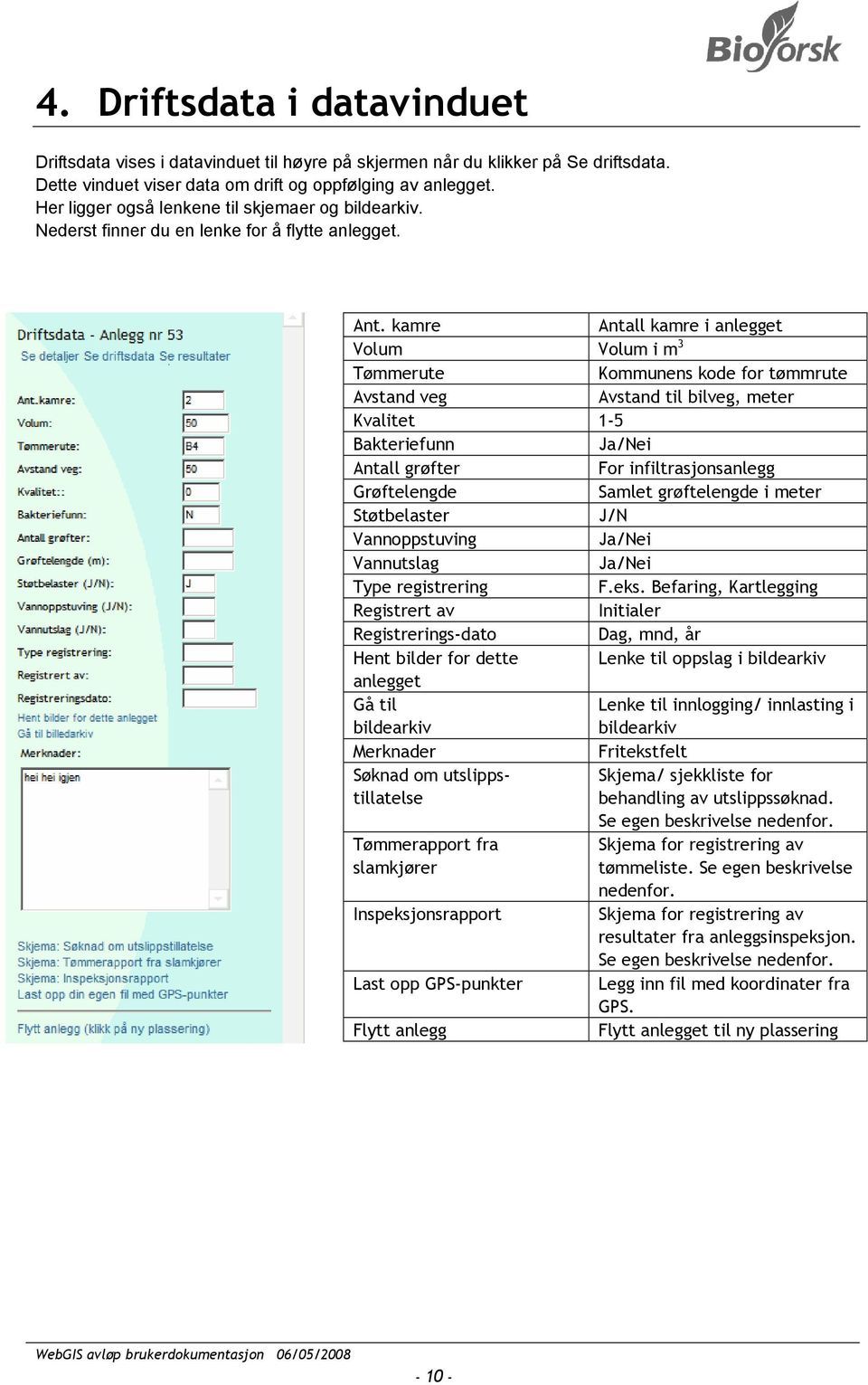 kamre Antall kamre i anlegget Volum Volum i m 3 Tømmerute Kommunens kode for tømmrute Avstand veg Avstand til bilveg, meter Kvalitet 1-5 Bakteriefunn Ja/Nei Antall grøfter For infiltrasjonsanlegg