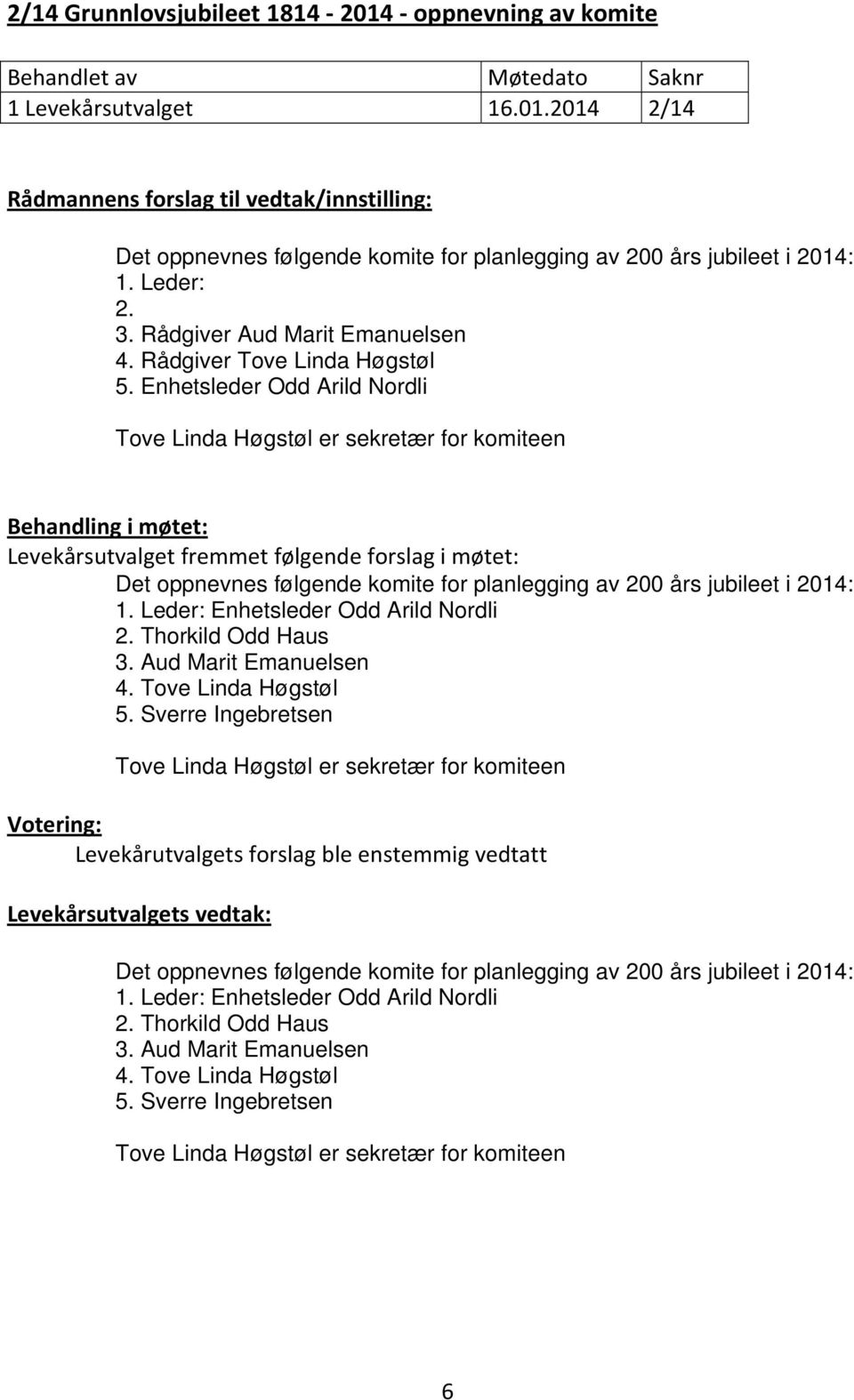 Enhetsleder Odd Arild Nordli Tove Linda Høgstøl er sekretær for komiteen Behandling i møtet: Levekårsutvalget fremmet følgende forslag i møtet: Det oppnevnes følgende komite for planlegging av 200