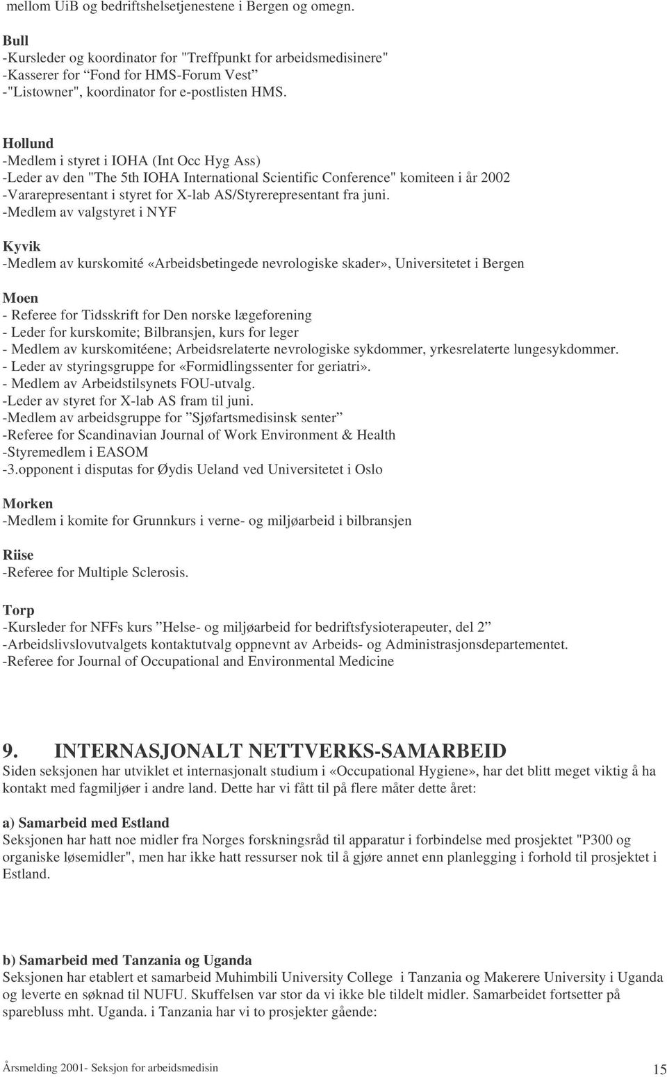 Hollund -Medlem i styret i IOHA (Int Occ Hyg Ass) -Leder av den "The 5th IOHA International Scientific Conference" komiteen i år 2002 -Vararepresentant i styret for X-lab AS/Styrerepresentant fra