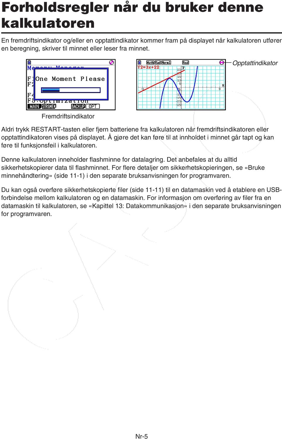 Å gjøre det kan føre til at innholdet i minnet går tapt og kan føre til funksjonsfeil i kalkulatoren. Denne kalkulatoren inneholder flashminne for datalagring.