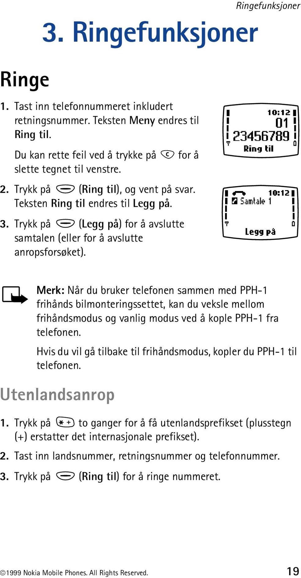 Ringefunksjoner Merk: Når du bruker telefonen sammen med PPH-1 frihånds bilmonteringssettet, kan du veksle mellom frihåndsmodus og vanlig modus ved å kople PPH-1 fra telefonen.