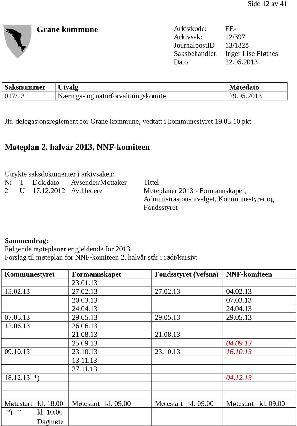 halvår 2013, NNF-komiteen Utrykte saksdokumenter i arkivsaken: Nr T Dok.dato Avsender/Mottaker Tittel 2 U 17.12.2012 Avd.