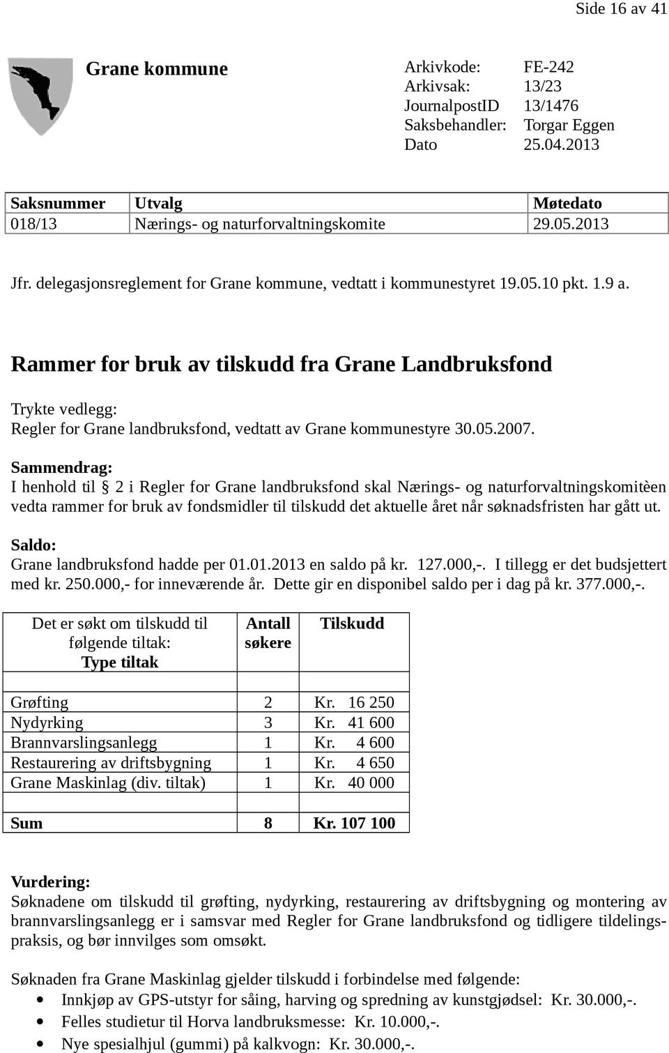 Rammer for bruk av tilskudd fra Grane Landbruksfond Trykte vedlegg: Regler for Grane landbruksfond, vedtatt av Grane kommunestyre 30.05.2007.