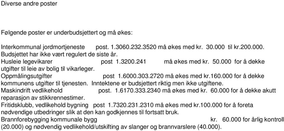 000 for å dekke kommunens utgifter til tjenesten. Inntektene er budsjettert riktig men ikke utgiftene. Maskindrift vedlikehold post. 1.6170.333.2340 må økes med kr. 60.