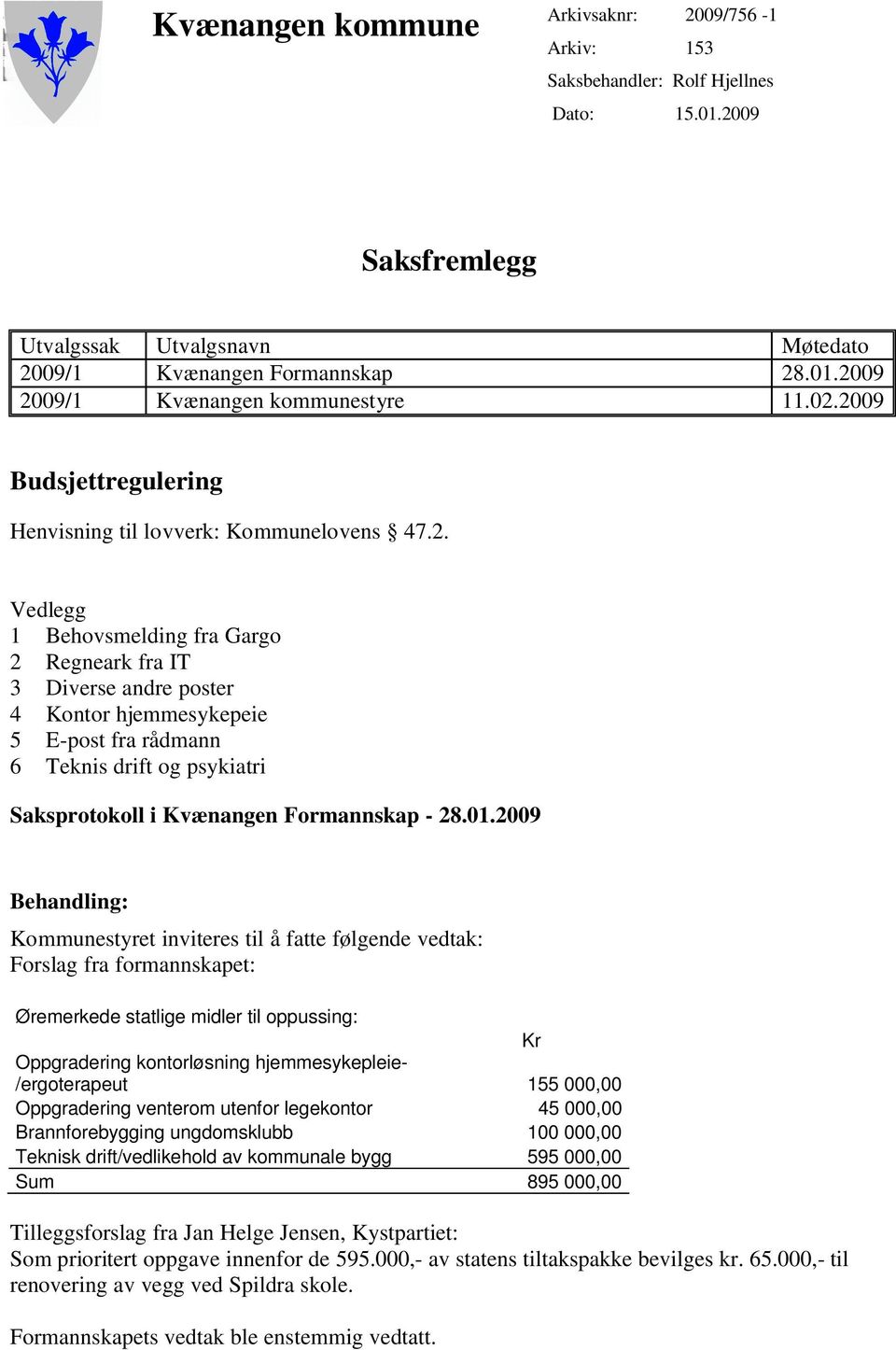 01.2009 Behandling: Kommunestyret inviteres til å fatte følgende vedtak: Forslag fra formannskapet: Øremerkede statlige midler til oppussing: Kr Oppgradering kontorløsning hjemmesykepleie-