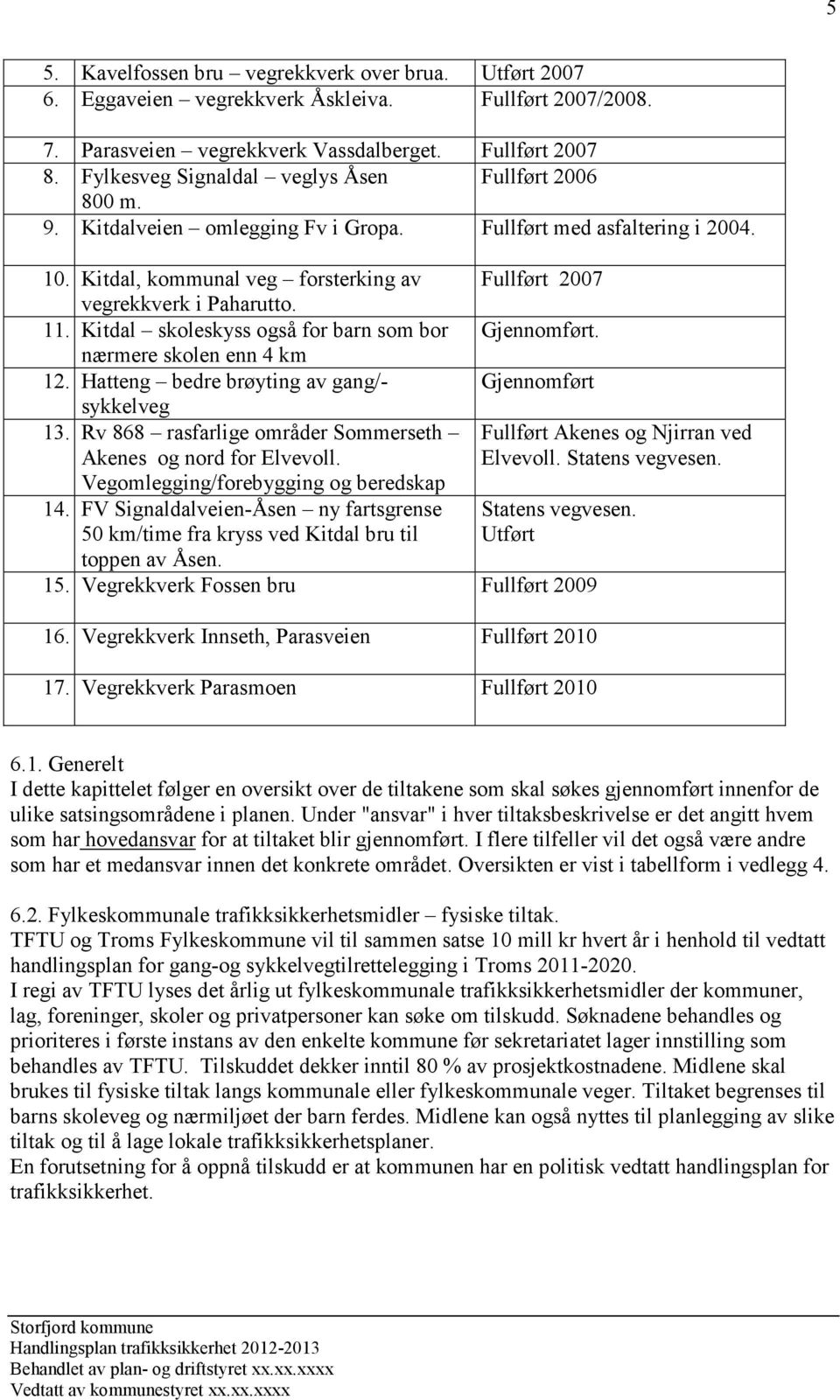 Kitdal, kommunal veg forsterking av Fullført 2007 vegrekkverk i Paharutto. 11. Kitdal skoleskyss også for barn som bor Gjennomført. nærmere skolen enn 4 km 12.