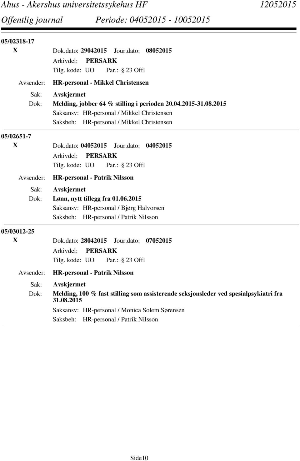 2015 Saksansv: HR-personal / Bjørg Halvorsen Saksbeh: HR-personal / Patrik Nilsson 05/03012-25 X Dok.dato: 28042015 Jour.