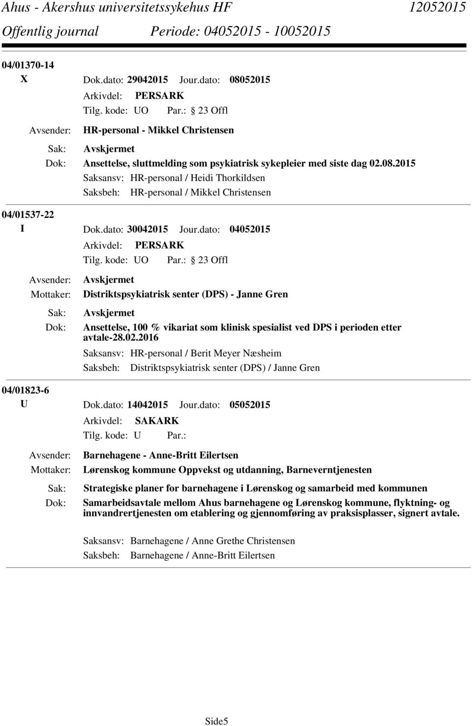 2016 Saksansv: HR-personal / Berit Meyer Næsheim Saksbeh: Distriktspsykiatrisk senter (DPS) / Janne Gren 04/01823-6 U Dok.dato: 14042015 Jour.dato: 05052015 Tilg. kode: U Par.