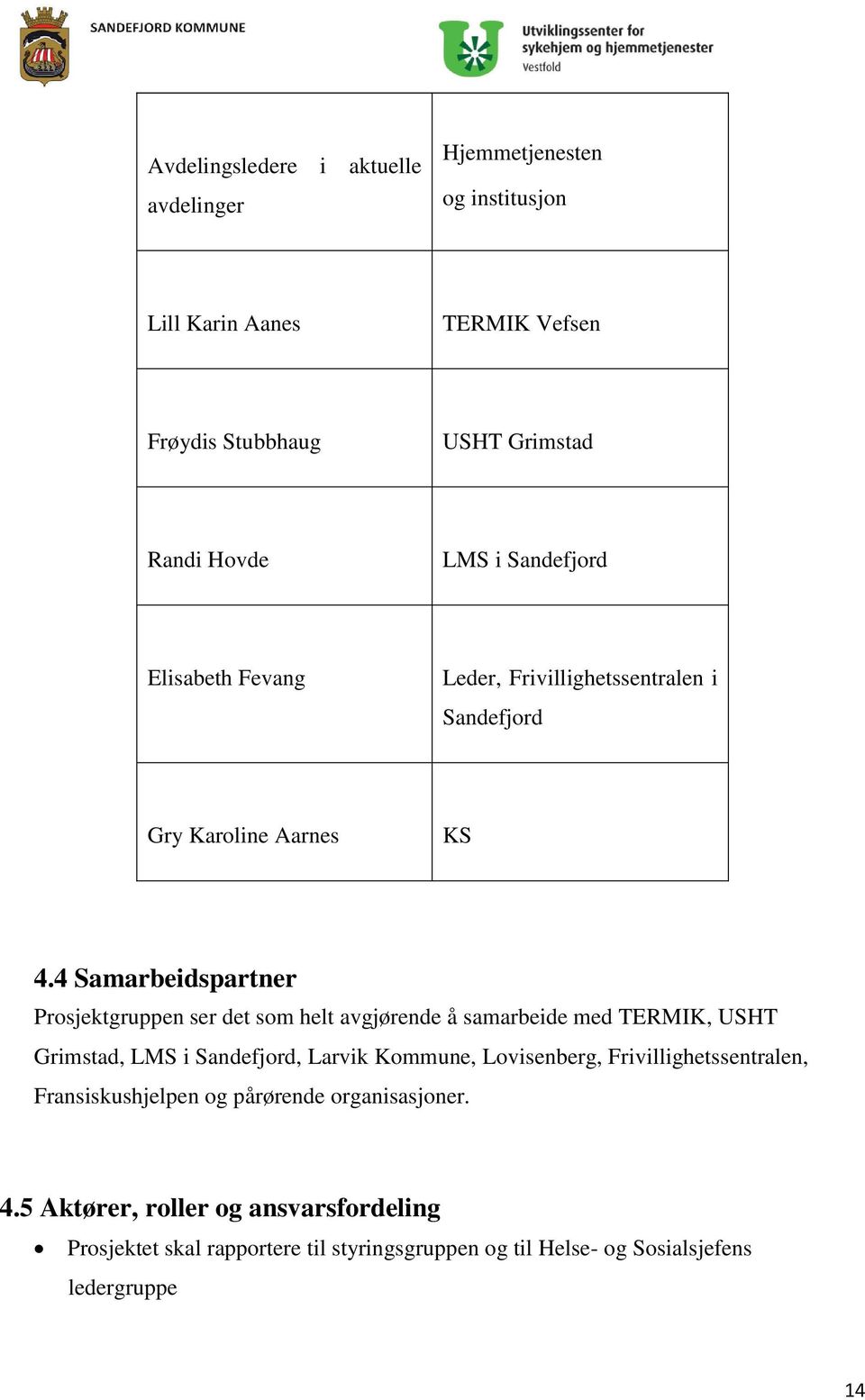 4 Samarbeidspartner Prosjektgruppen ser det som helt avgjørende å samarbeide med TERMIK, USHT Grimstad, LMS i Sandefjord, Larvik Kommune,