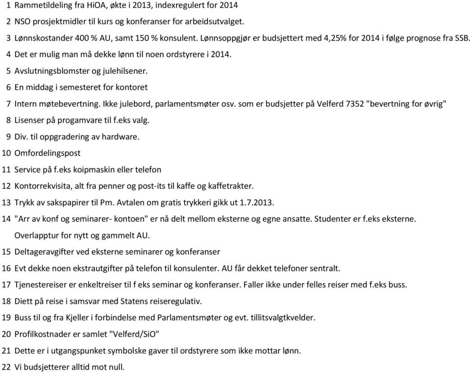 6 En middag i semesteret for kontoret 7 Intern møtebevertning. Ikke julebord, parlamentsmøter osv. som er budsjetter på Velferd 7352 "bevertning for øvrig" 8 Lisenser på progamvare til f.eks valg.