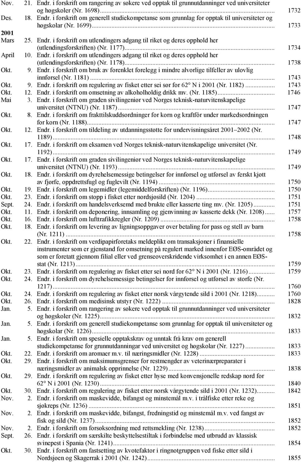 .. 1738 Okt. 9. Endr. i forskrift om bruk av forenklet forelegg i mindre alvorlige tilfeller av ulovlig innførsel (Nr. 1181)... 1743 Okt. 9. Endr. i forskrift om regulering av fisket etter sei sør for 62 N i 2001 (Nr.