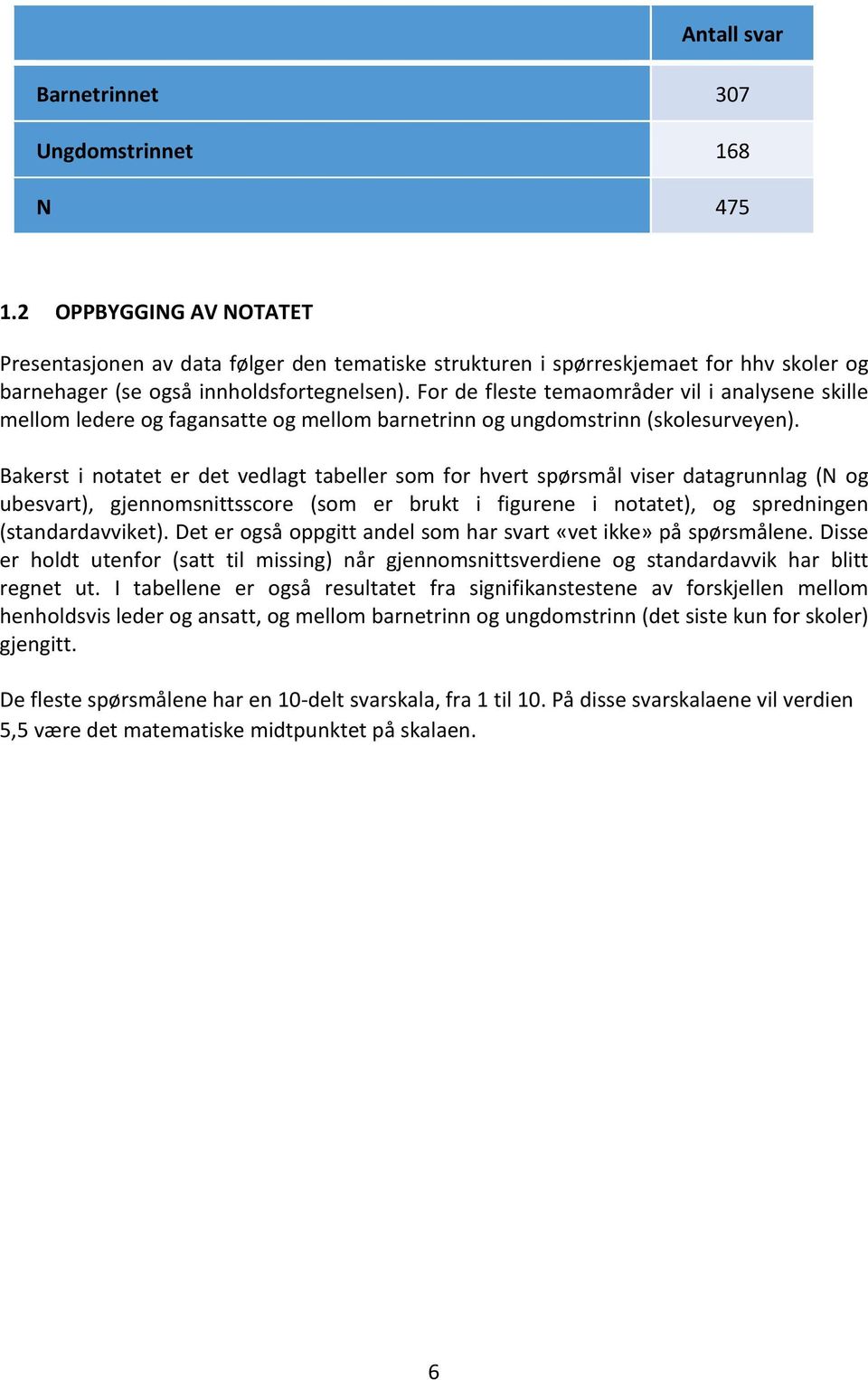 For de fleste temaområder vil i analysene skille mellom ledere og fagansatte og mellom barnetrinn og ungdomstrinn (skolesurveyen).