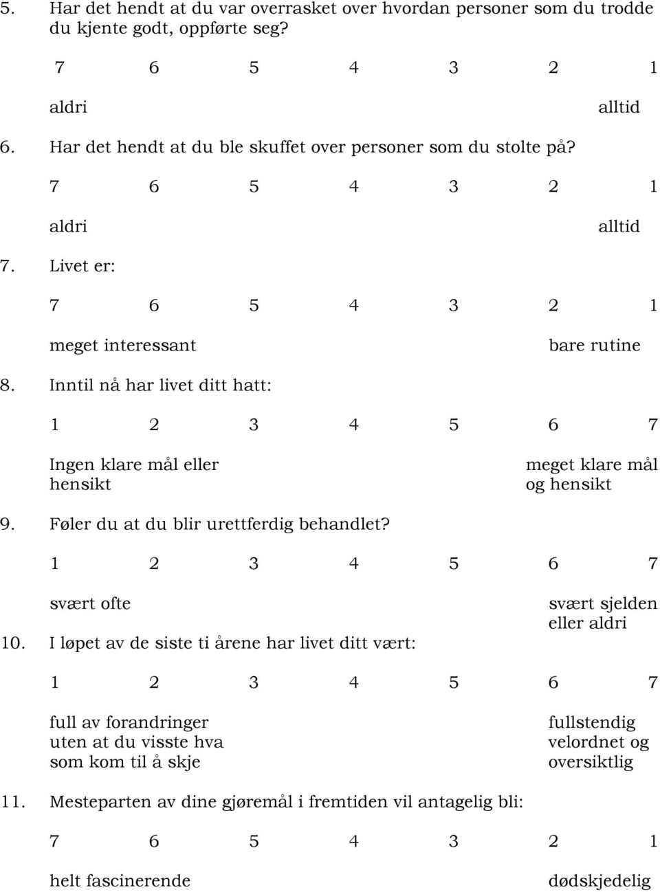 Inntil nå har livet ditt hatt: Ingen klare mål eller hensikt meget klare mål og hensikt 9. Føler du at du blir urettferdig behandlet? 10.